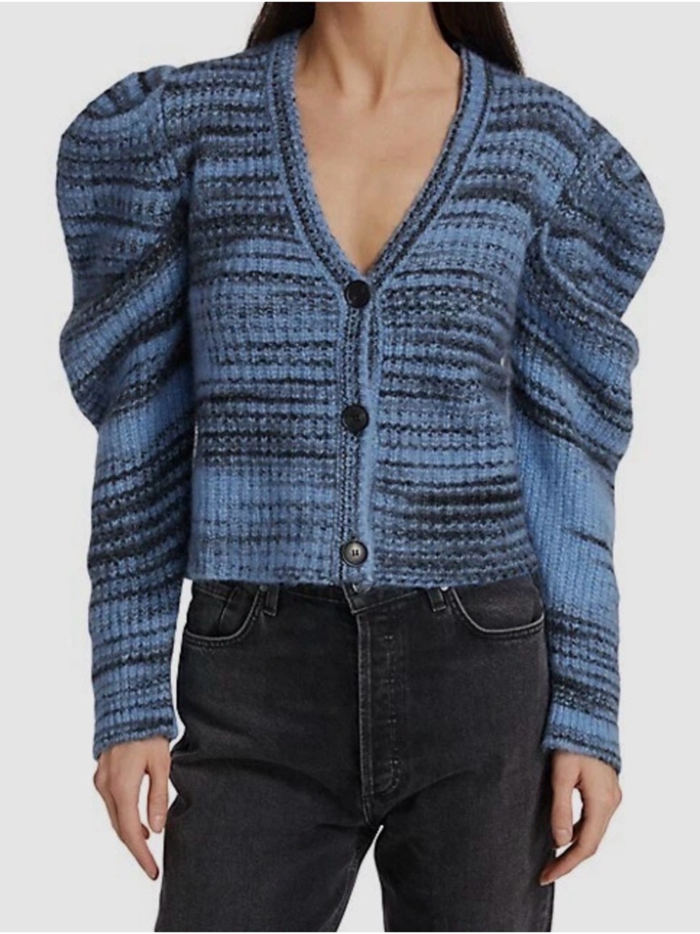 NAADAM Blue and Black Striped V-Neck Puff-Sleeve Cardigan